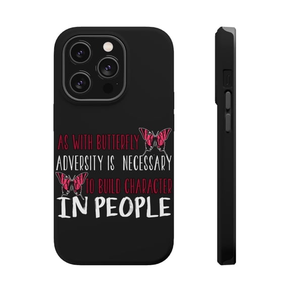 DistinctInk Tough Case for Apple iPhone 15 PRO (6.1" Screen), Compatible with MagSafe Charging - Butterfly - Adversity Necessary Build Character