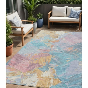 5' X 8' Teal Blue Gold And Pink Abstract Washable Indoor Outdoor Area Rug