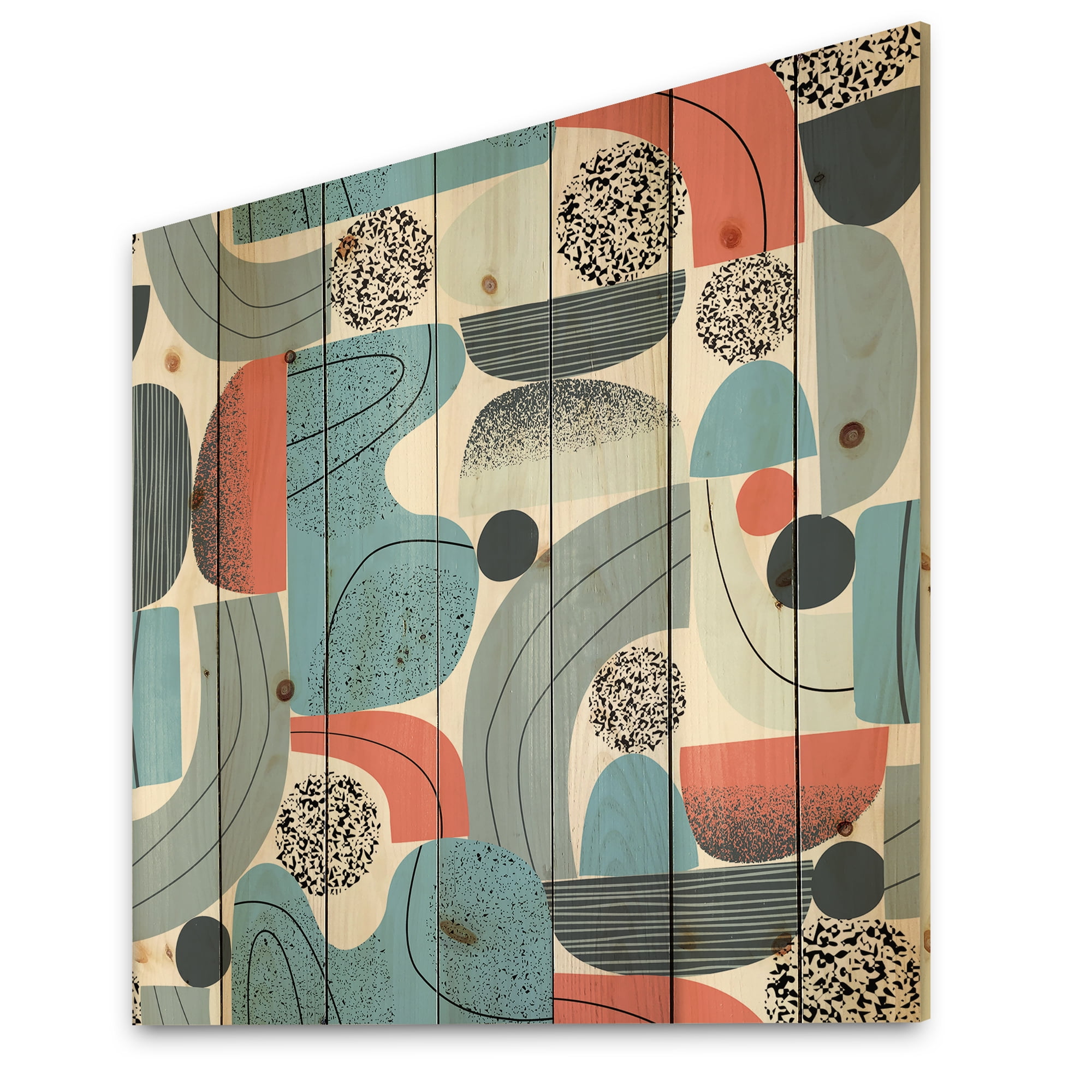 Designart 'Retro Shapes With Abstract Moons and Suns II' Modern Print on Natural Pine Wood