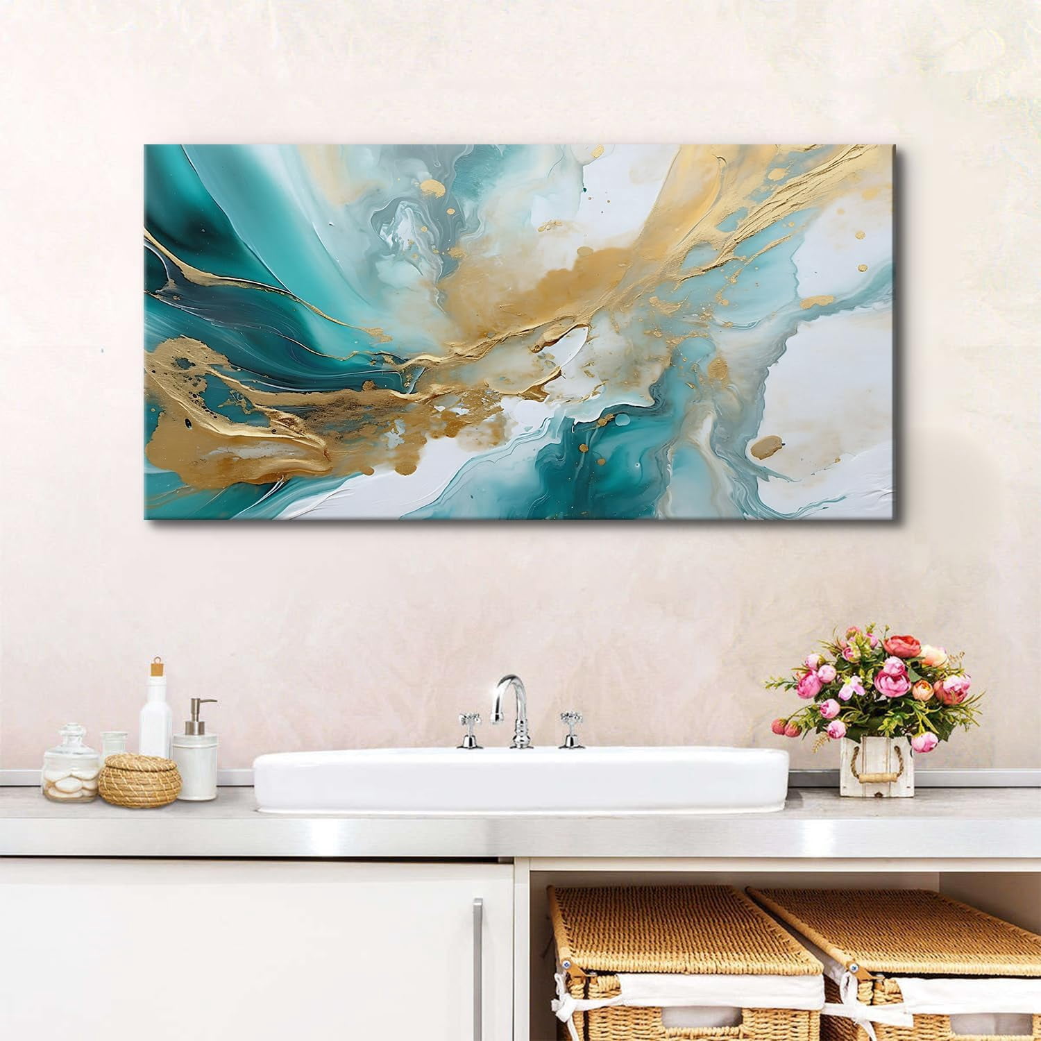 WFSposterTeal Abstract Wall Art for Living Room Turquoise Picture Abstract Marble Canvas Painting Wall Decor Teal and Gold Texture Prints Poster Modern Neutral Artwork for Office Bedroom Home Decor