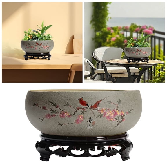 Lotus Bowl Planter, Chinese Ceramic Lotus Flower Bowl with Stand Base, Hydroponic Water Lily Bowl Planter Indoor, Oriental Fish Tank Bowl for Lotus Flowers Indoor