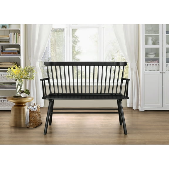Vintage Farmhouse Black Wood Spindle Back Bench | 48" Solid Wood Accent Seating for Living Room, Entryway | Durable Rustic Style Bench with Armrest