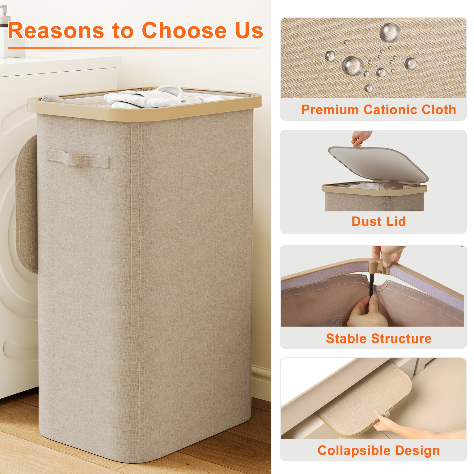 BGTREND 2PCS Slim Laundry Hamper with Lid 85L Foldable Clothes Basket with Removable Mesh Bag & Handle for Closet Bathroom Bedroom (Beige)