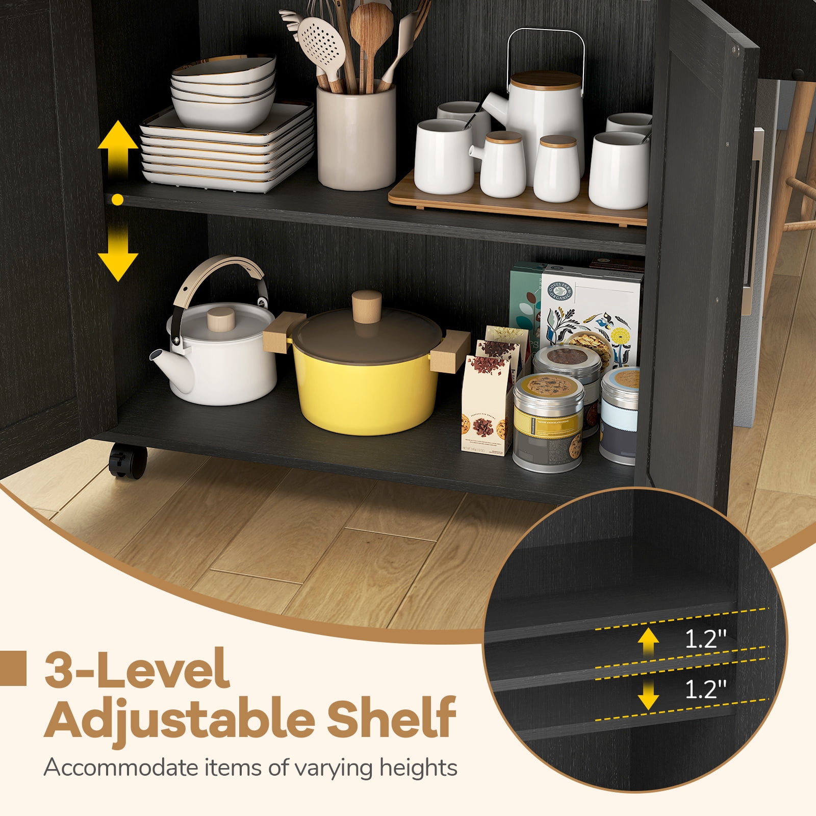 Giantex Kitchen Island Cart with Storage Cabinet on Wheels, Spice Rack Towel Rack & Drawer, Black