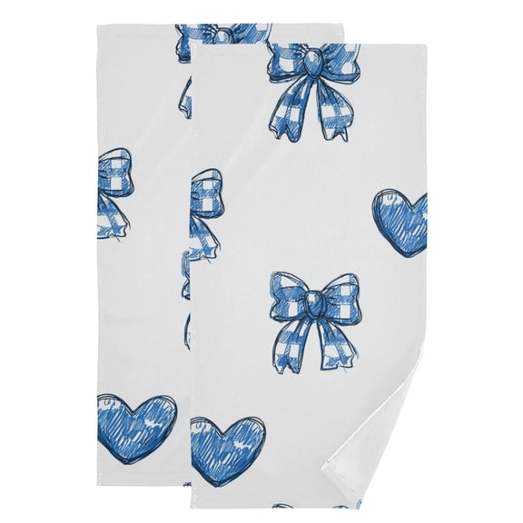Blue Plaids Bows Hearts Valentine Hand Towel Absorbent Bath Towels for Bathroom Sports Gym 28" x 14" Set of 2