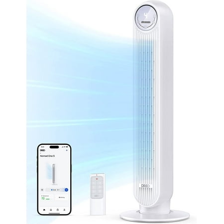 

Tower Fan with Remote Smart Oscillating Quiet Fans for Bedroom Bladeless Standing Cooling Floor Fan with WiFi Voice Control Blow Cold Air 4 Modes 4 Speeds 8H Timer Works with Alexa/Google