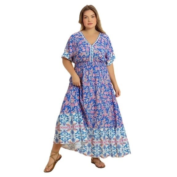 Women's Plus Size Smocked Printed Half Sleeve Midi Dress 100% viscose Fabric Breathable All Day Comfort And Style