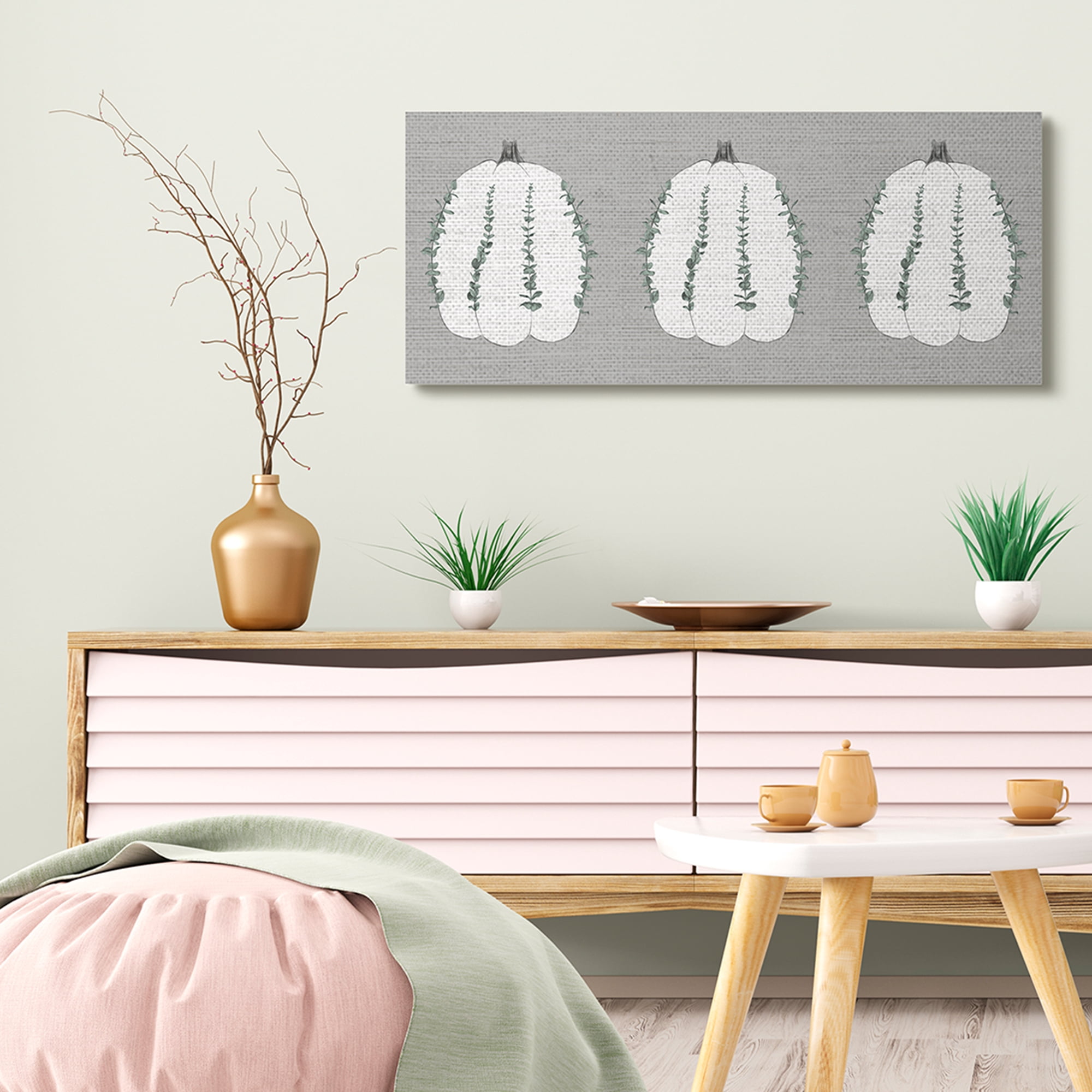 Stupell Industries Trio of Eucalyptus Pumpkins over Grey Canvas Wall Art, 17 x 40, Design by Daphne Polselli