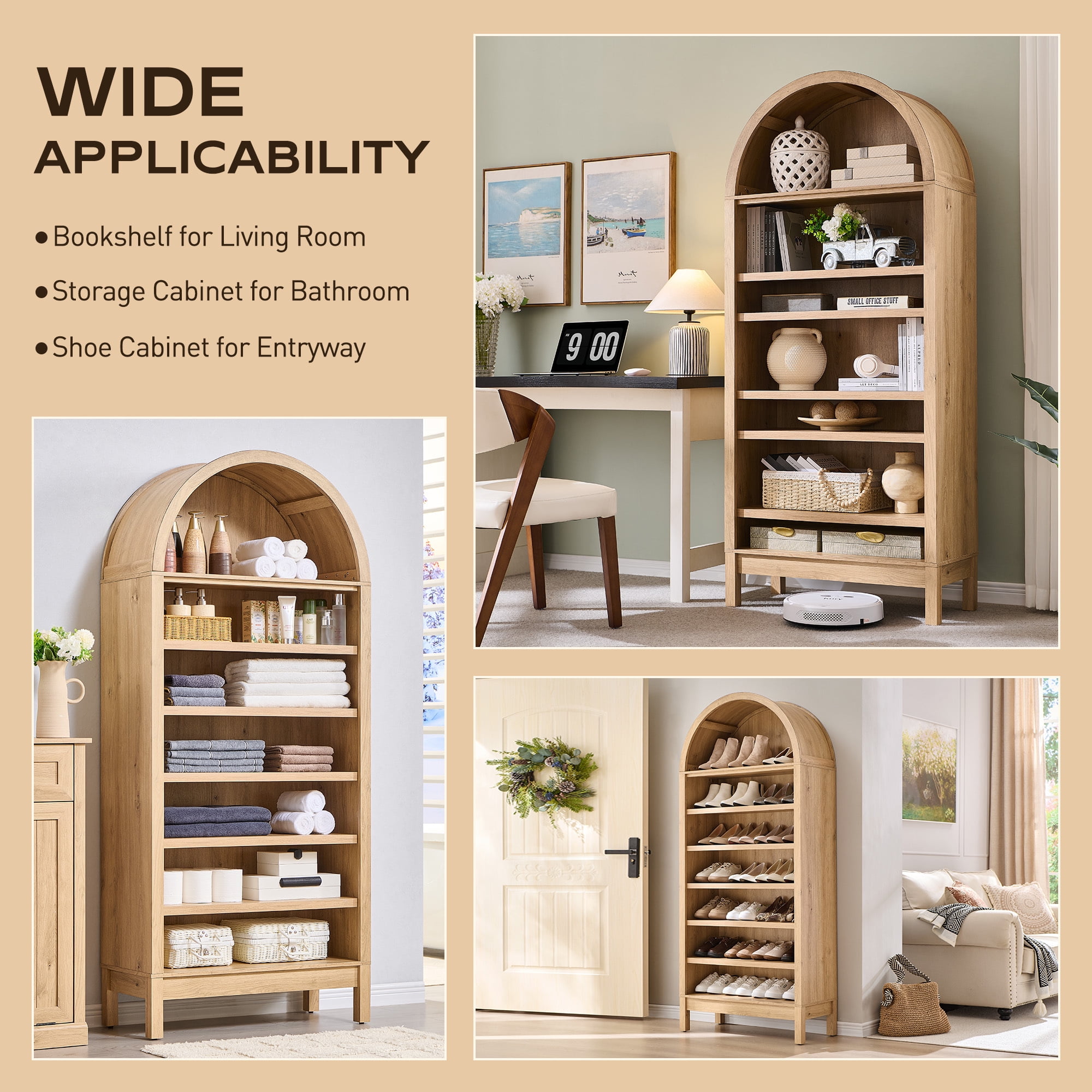SinCiDo Tall Arched Bookshelf, 7-Tier Open Shelf Bookcase, Medium Density Fiberboard