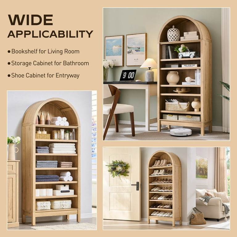 Aitjunz 71" Tall Arched Bookshelf, 7-Tier Natural photo 6