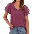 thumbnail image 2 of Summer Saving Wycnly Cute Tops for Women Short Sleeve V-Neck Plain T shirts Summer Casual Solid Ruffle Sleeve Loose Fit Blouse with Tie Wine XXL Clearance Clothes, 2 of 7