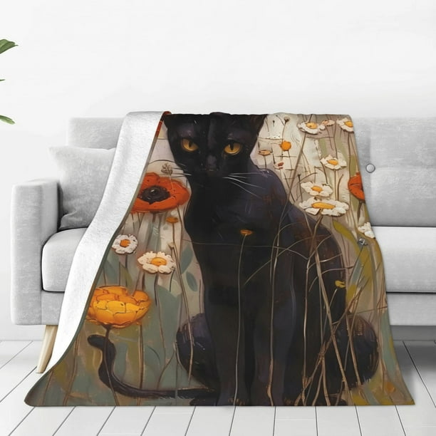Fotbe Black Cat in Wildflowers Manta de Franela Acolchonada con Estampado, Súper Suave y Esponjosa, Extra Grande para Sofá, Cama, Uso Todo el Año-50"x40"