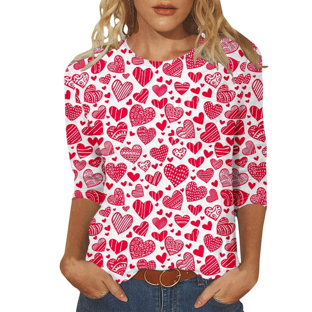 Penkiiy Chemises de la Saint-Valentin pour Femmes Manches 3/4 Col Rond Blouses Décontractées Imprimé Mignon Tuniques Tops 2025 2TG Multicolore