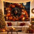 thumbnail image 3 of Long-Haired Dachshund on a Porch with Autumn Leaves, Pumpkins, and Lanterns Cozy Rustic Style for Pet Lovers, Autumnal Dog Decor, Halloween Gift Tapestry Wall Hanging for Bedroom and Living Room, 3 of 7