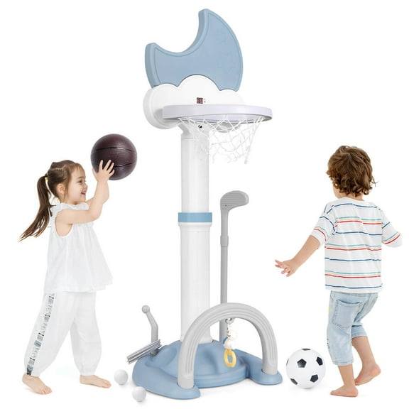 Costway 4-in-1 Toddlers Basketball Hoop with Basketball Soccer Golf and Ring Toss Game