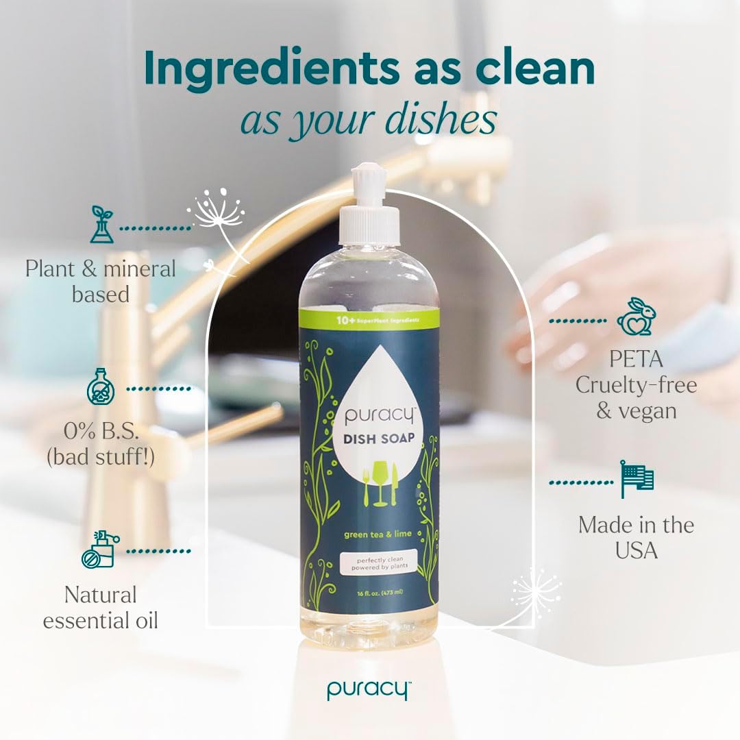 Natural Dish Soap Packs- Skin-Softening Plant-Based Dishwashing Soap, Non-Toxic Dish Soap, Organic Liquid Dishwashing Detergent Soap (Green Tea & Lime, 16 fl oz, 3 Pack)