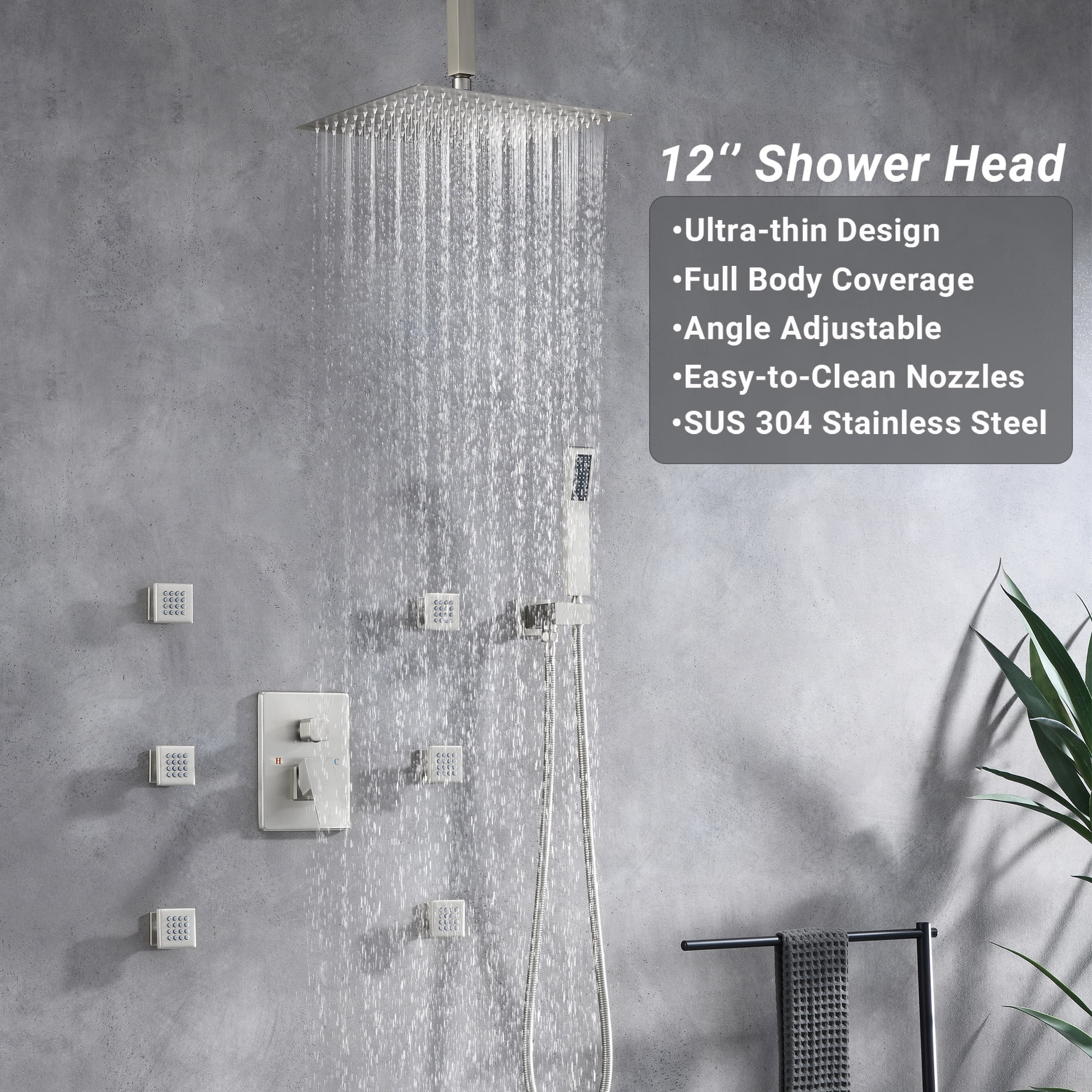 Full Body Shower System with Body Shower Spray Jets, 12'' Ceiling Shower Head System with Jets & Hand Shower, Brushed Nickel Rain Shower System Faucet Set with Jets & Valve