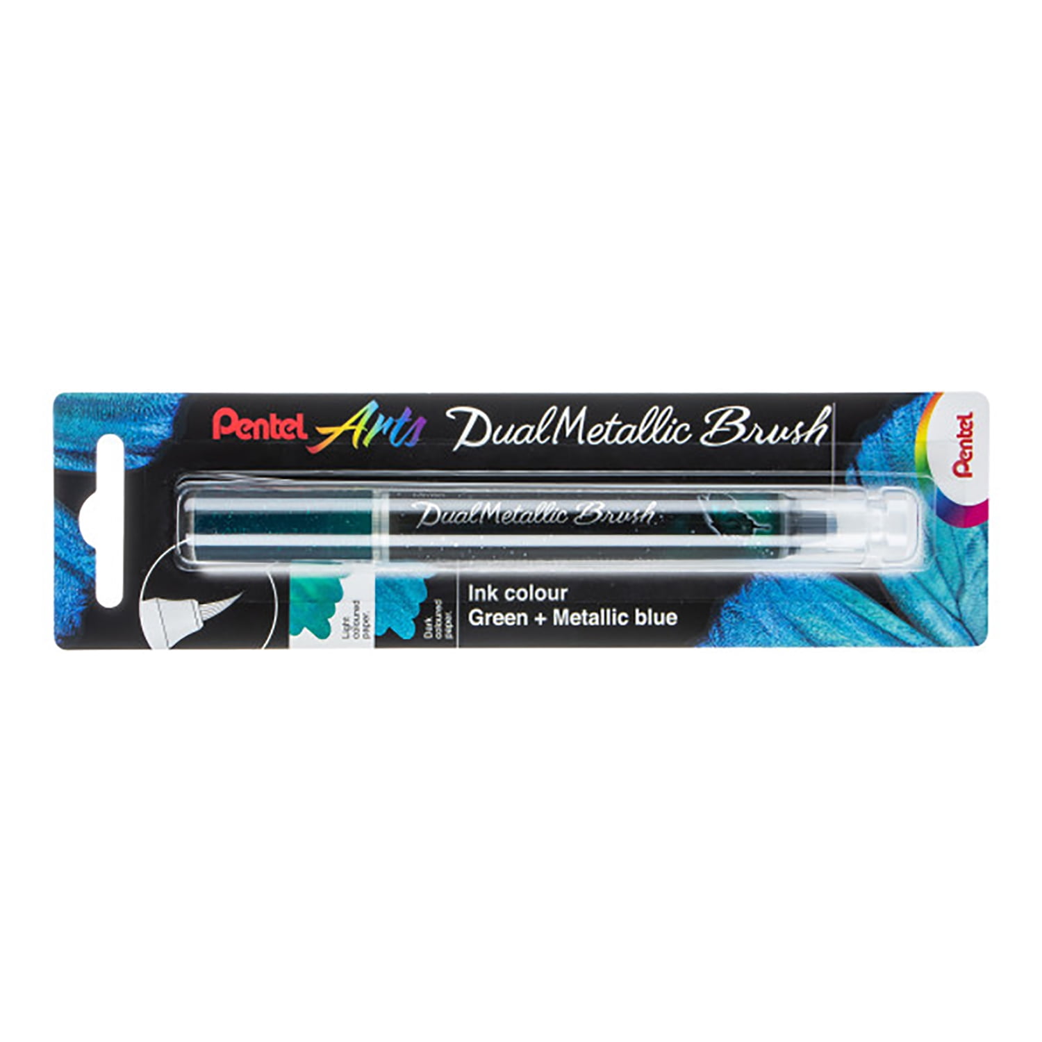 Pentel Arts DualMetallic Brush, Green/Metallic Blue Ink, Pack of 3
