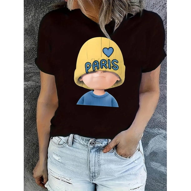 Camisetas de verano para mujer, con estampado, lindo, holgadas, atléticas, de manga corta, casual, 2025Women'S Casual Crew Neck T-Shirt with Paris Hat Print, Fashion Short Sleeve Polyester Knit Top,
