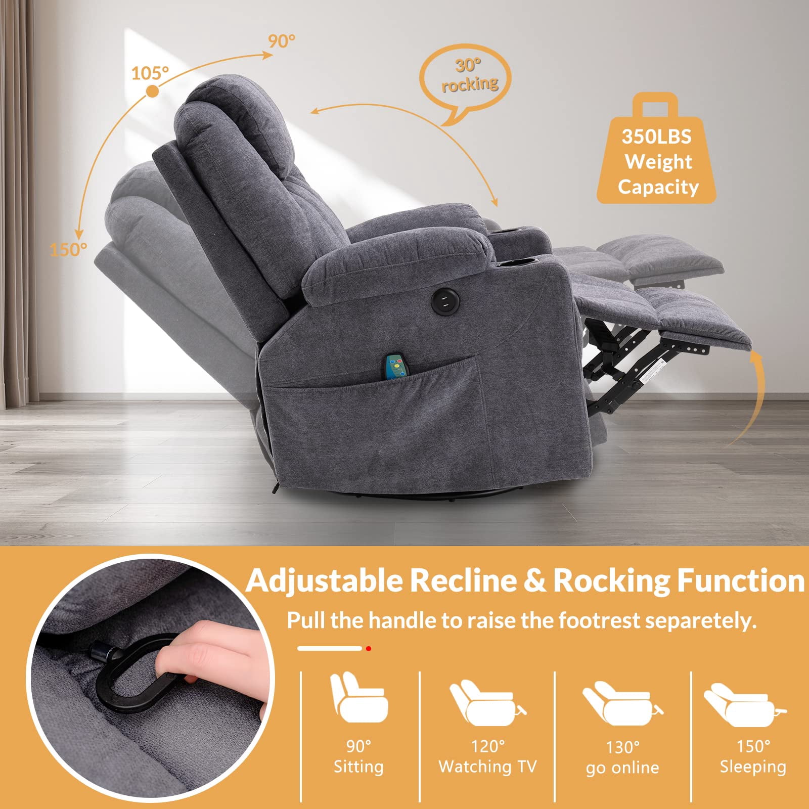 W WARMHOL Swivel Rocker Recliner Chair - Manual Glider Rocking Recliner Chair with Heated Massage Ergonomic Lounge Reclining Chair with Cup Holders/4 Pockets/Remote Control/USB Ports (Gray)