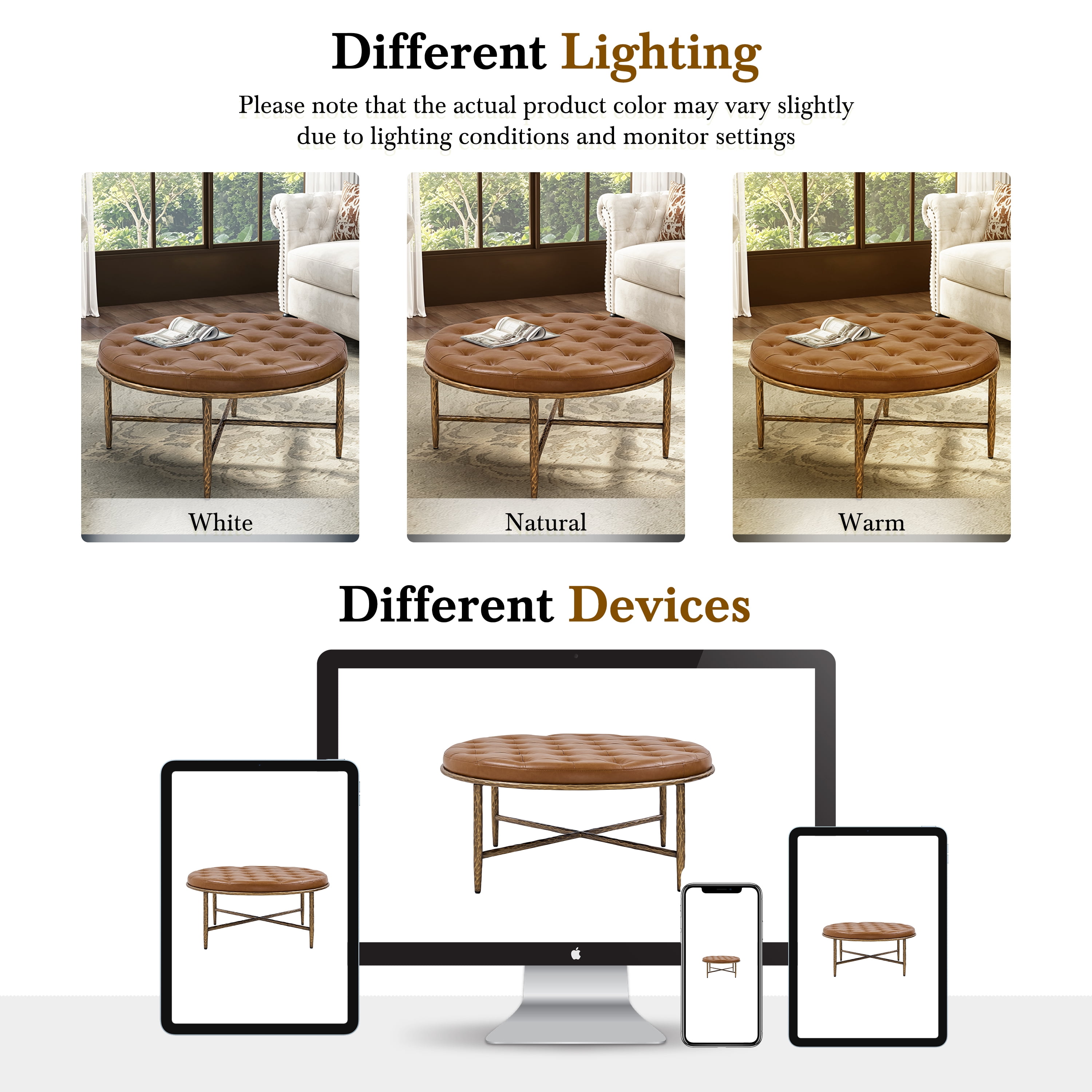 Euroco 36" Round Tufted Ottoman Coffee Table,PU Leather Upholstered Footstool Center Table with Hammered Metal Frame & X-Base for Living Room,Brown