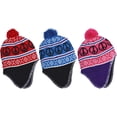 thumbnail image 2 of SWAK Girl's Emoji Peace Sign Knit Hat with Ear Flaps and Pom in 3 Vivid Colors, 2 of 5