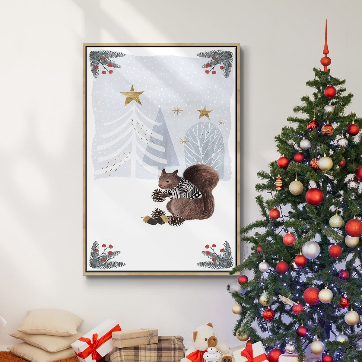 Cozy Christmas Collection B - Framed Gallery Wrapped Holiday Canvas - 17 x 25 - Natural Wood Frame