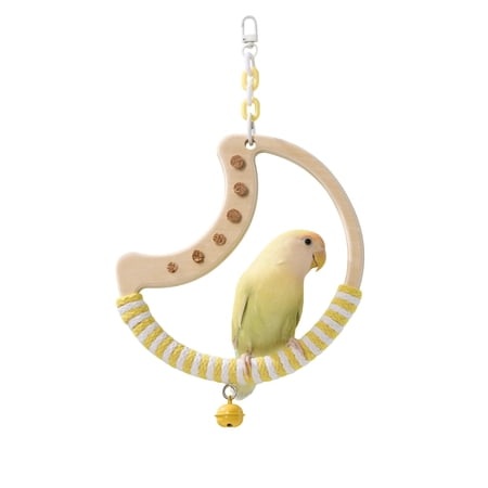 Natural Bird Swing - Moon-Shaped Parrot Perch with Bell and Cork Toys, Spinning Wooden Stand for Parakeets, Budgies, Lovebirds and Small/Medium Birds.