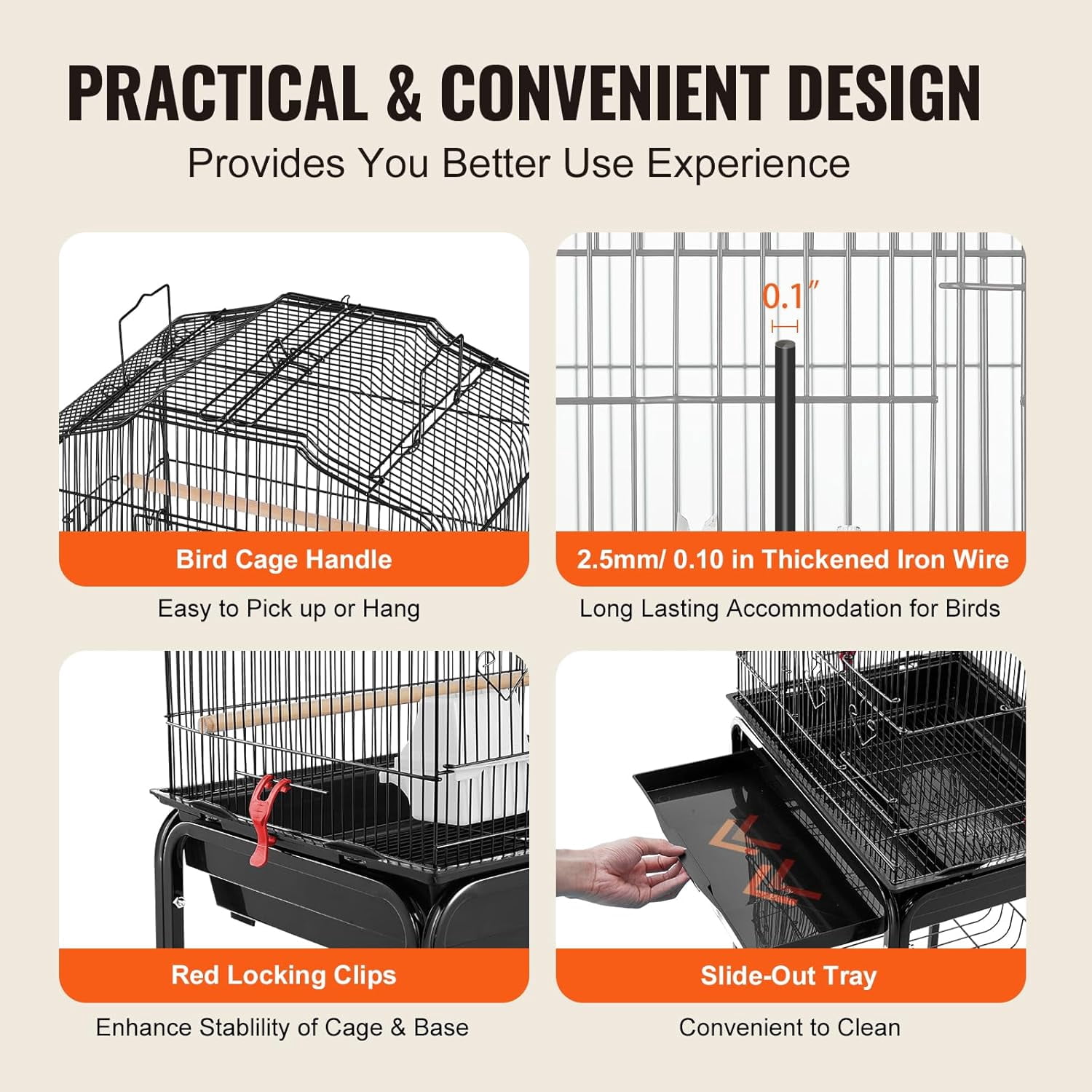 64-inch Open Top Large Parrot Bird Cage with Detachable Rolling Stand for Parakeets Finches Canaries Lovebirds Cockatiels Budgies Small Quaker Conures Flight Birdcage with Swing and Perch