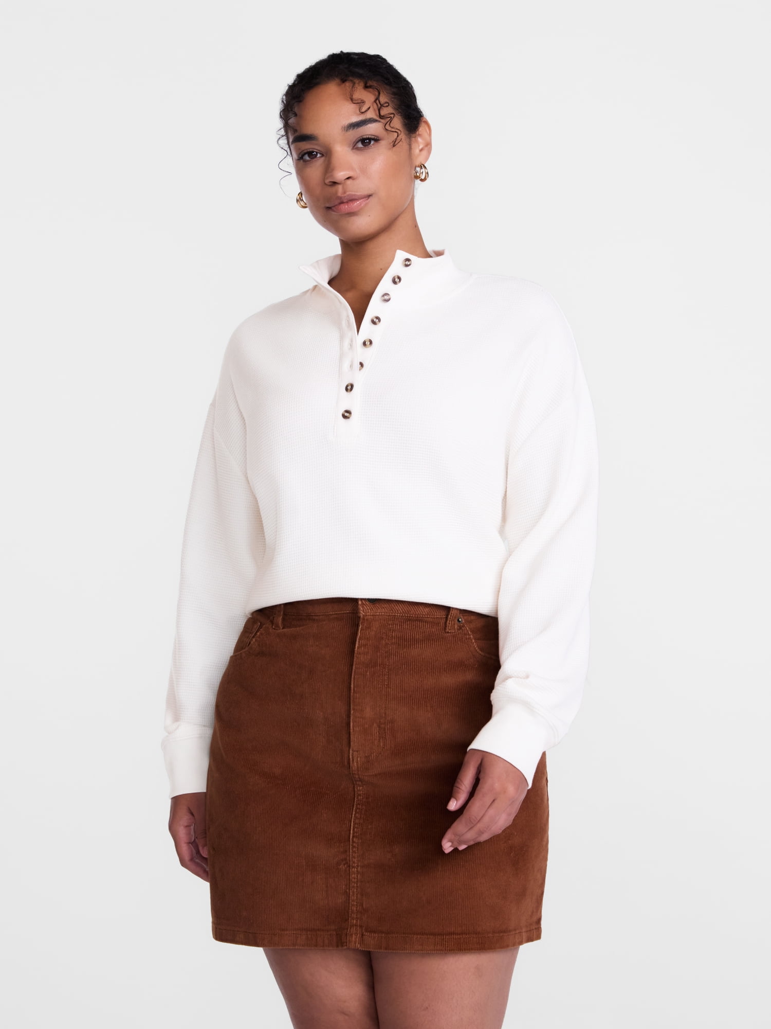 Scenario Women's and Women's Plus Waffle Knit Button Top with Long Sleeves, Sizes XS-4X