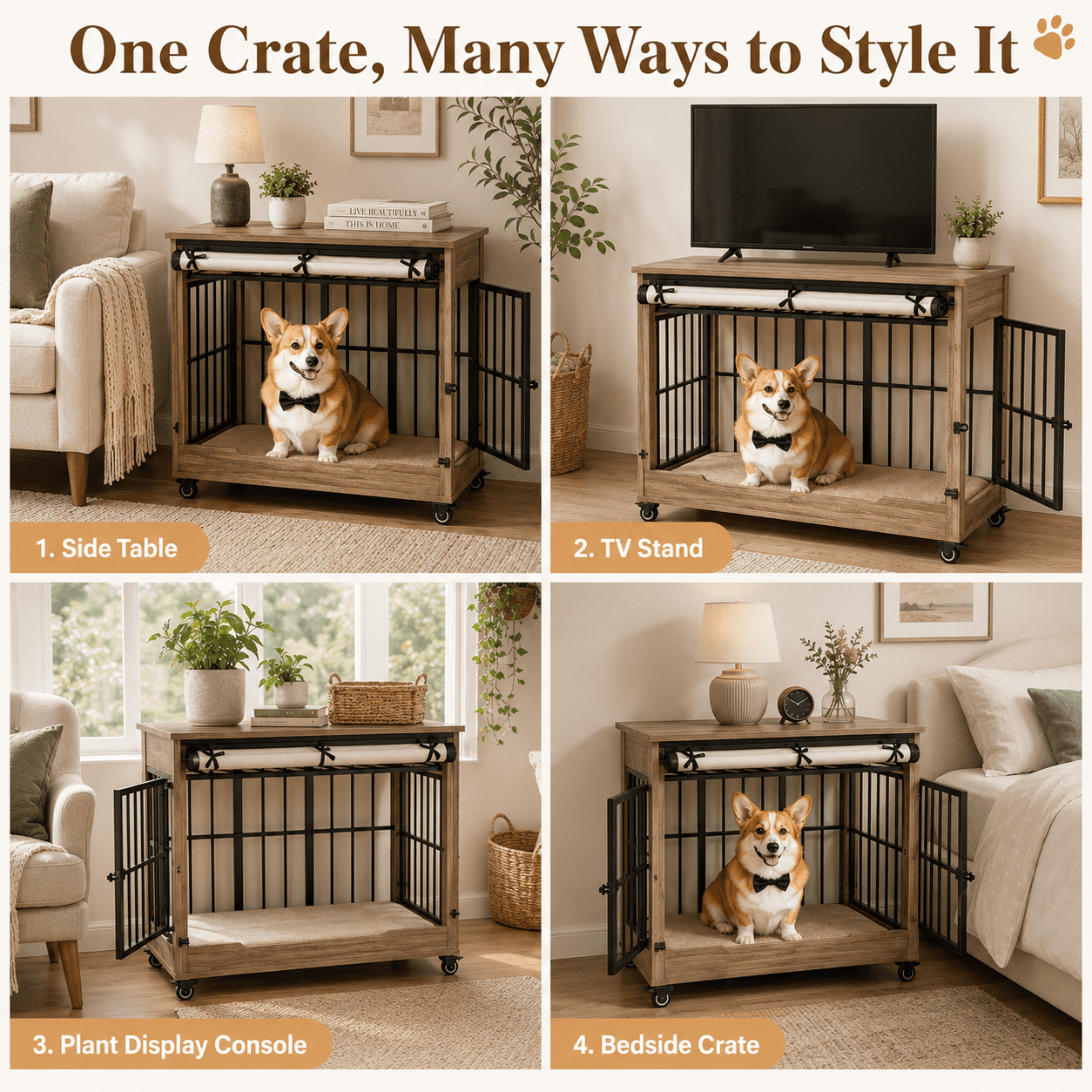 Aukfa 32.5-Inch Large Dog Crate Furniture, Indoor Dog Kennel Decorative Pet Cage End Table, Lift-Up Door, Curtain & Wheels,Greige