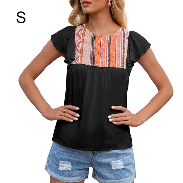 T-shirt Femme Ethnique à Volants Manches Courtes Col Rond Haut Femme Ethnique Ample Décontracté, Noir, S