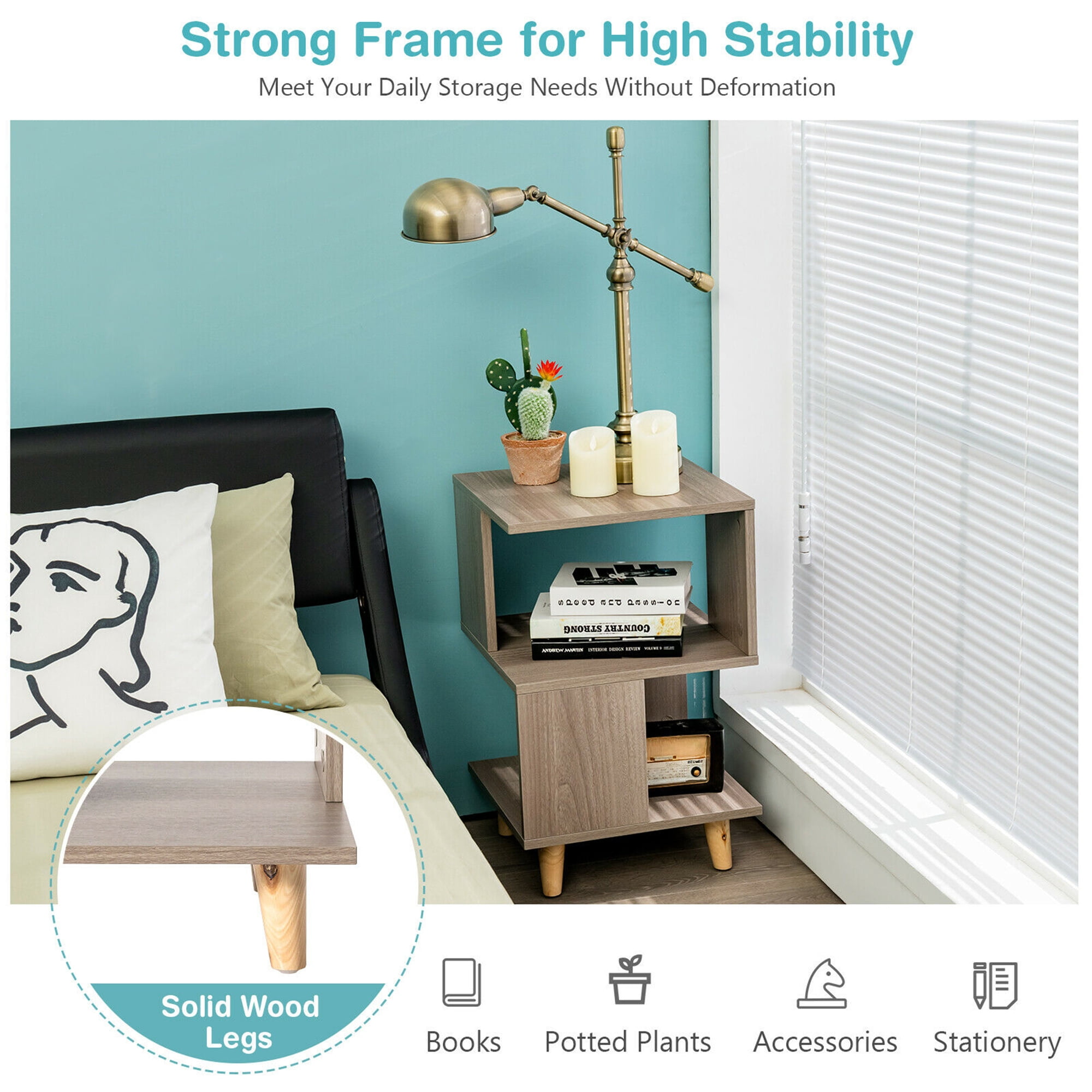 Gymax 2-Pieces Nightstand Set Wood Legs Storage Shelf Modern Side End Table Grey