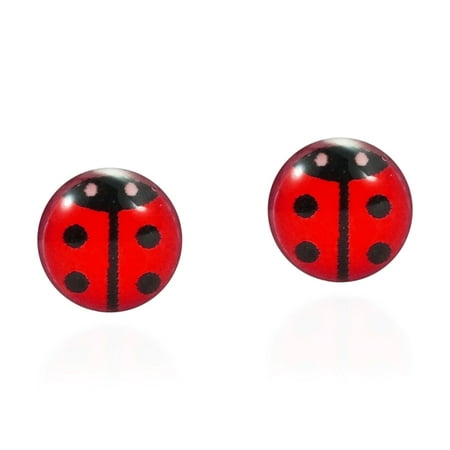 Petite Red Colored Enamel Beetle or Lady Bug .925 Sterling Silver Stud Earrings