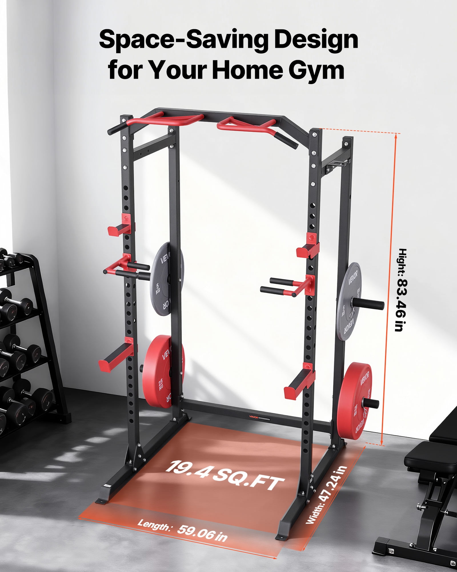 VEVOR Power Cage Power Rack, Multifunctional Barbell Squat Rack with Adjustable Height, Home Gym Strength Training Workout Equipment with J-Hooks & More Fitness Attachment