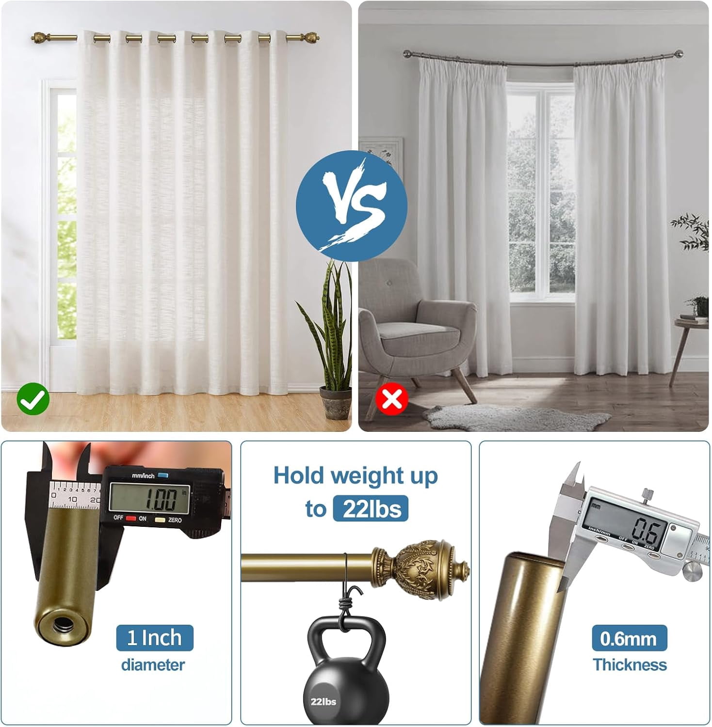 Urbanest Adjustable Single Curtain Rod Set Grecian Urn Finials – 1 - Inch Diameter, With Renaissance Gold Rod, 48–84 Inches