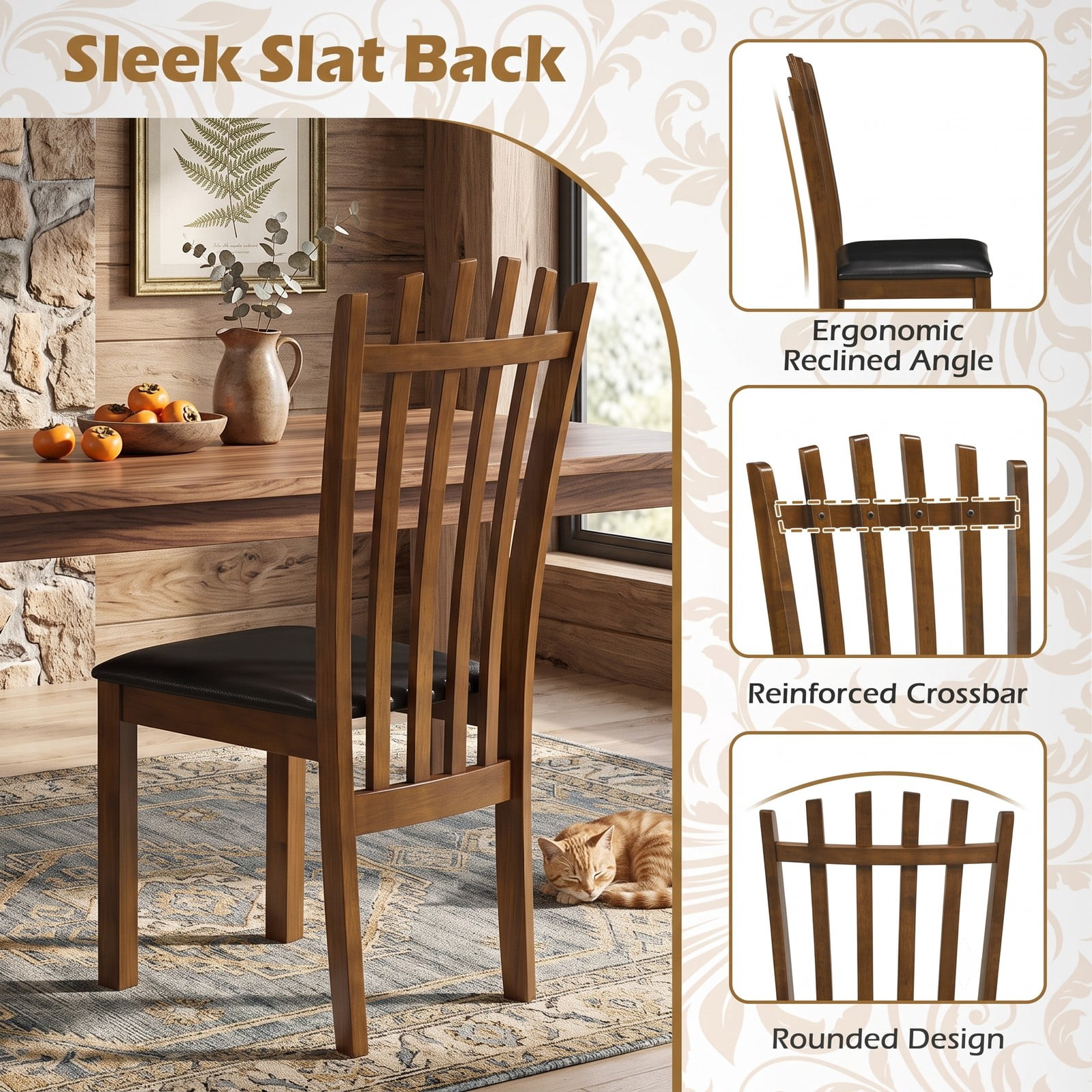 Furnibear Wooden Dining Chair Set of 2 Spindle Back Kitchen Chairs with PU Leather Padded Seat, Solid Rubber Wood Armless Side Chairs for Dining Room, Walnut & Black