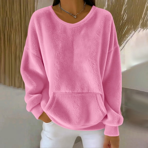 Womens Sweatshirt Double Fuzzy Fleece Soft Winter Crew Neck Pullover Hoodie Long Sleeve With Pockets Cozy Casual Tops Pink M
