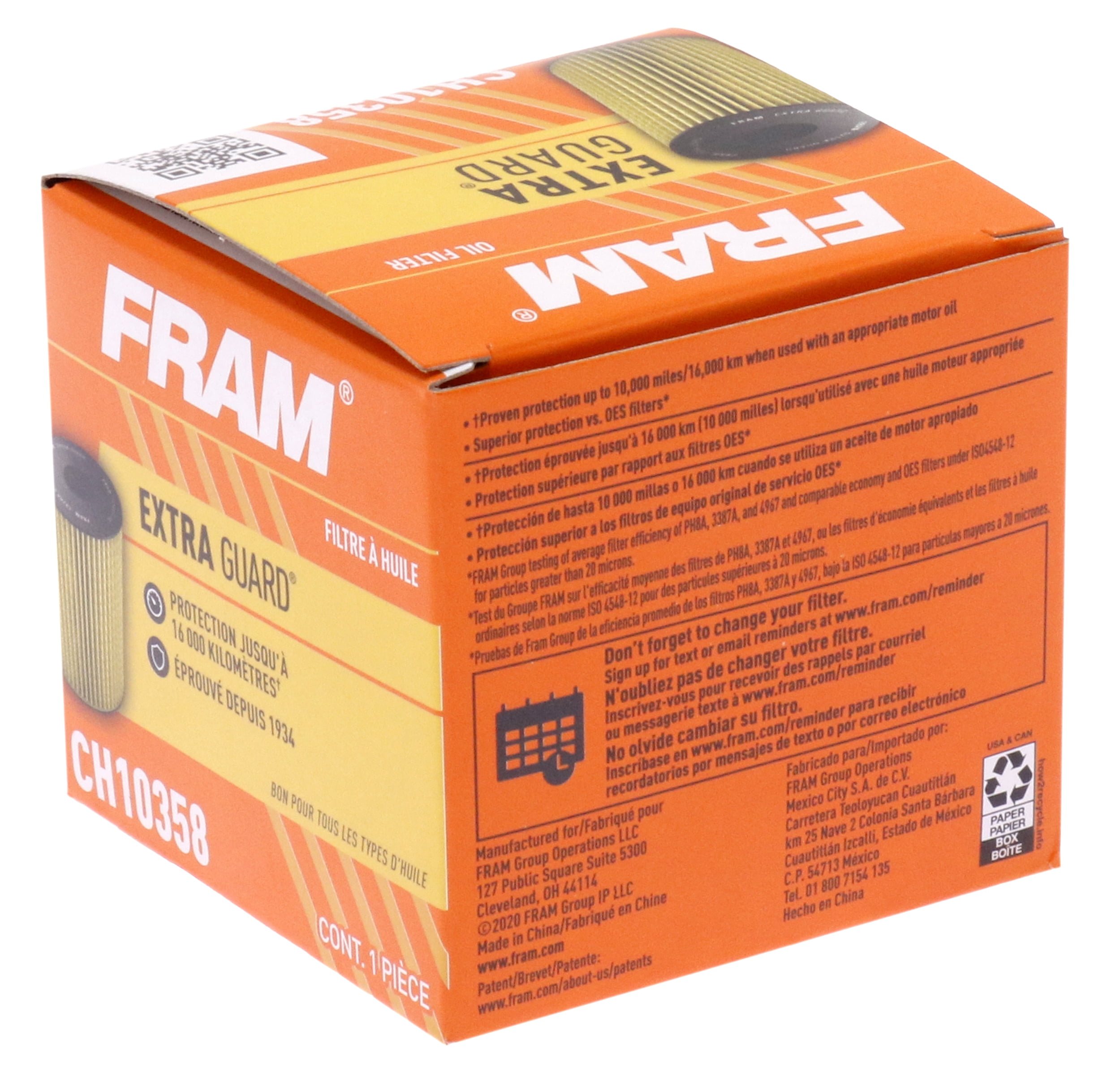 FRAM Extra Guard Oil Filter, CH10358, 10K Miles, Replacement Oil Filter Fits Select Vehicles
