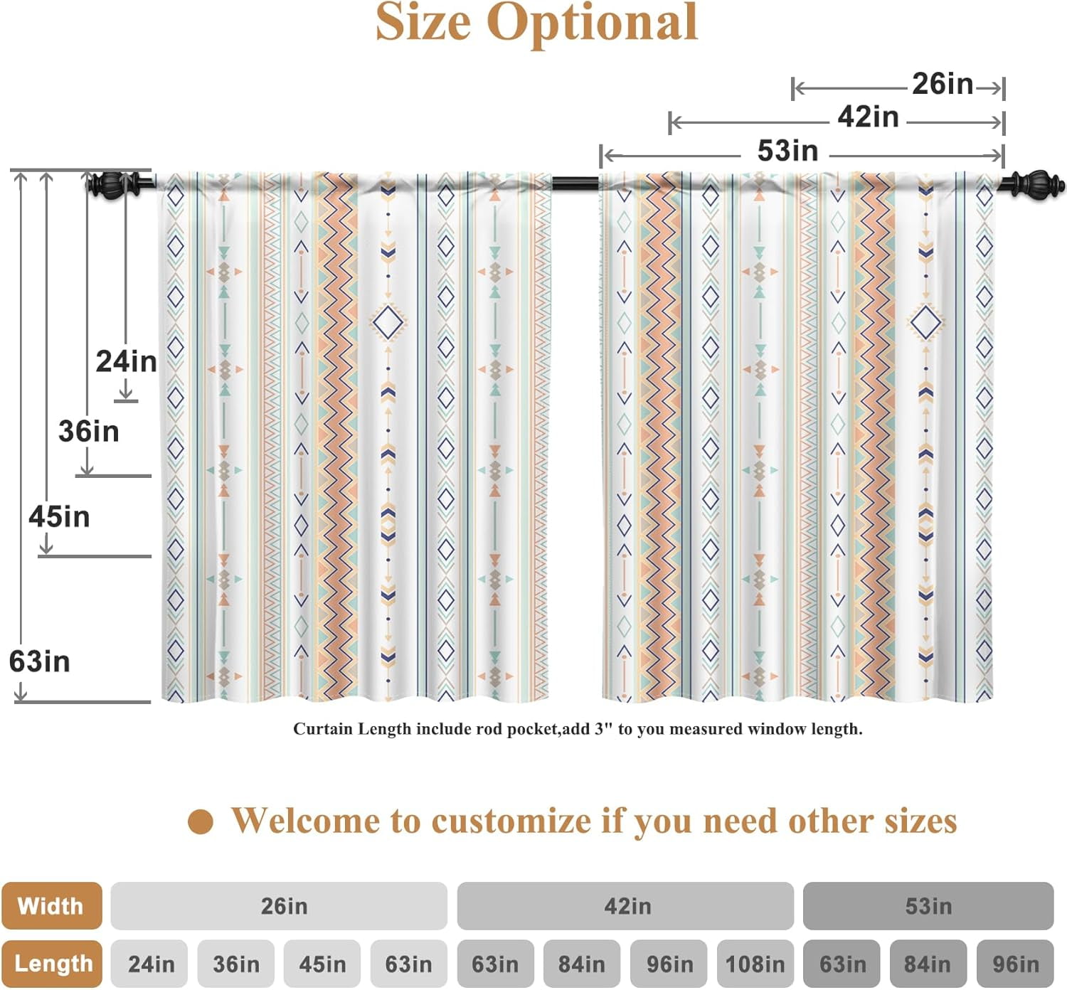 52 x 63 Inch Boho Linen Curtains for Bedroom Living Room Farmhouse Boho Curtains Rod Pocket Geometric Striped Patterned Light Filtering Thermal Insulated Window Drapes Black On Beige 2 Panels
