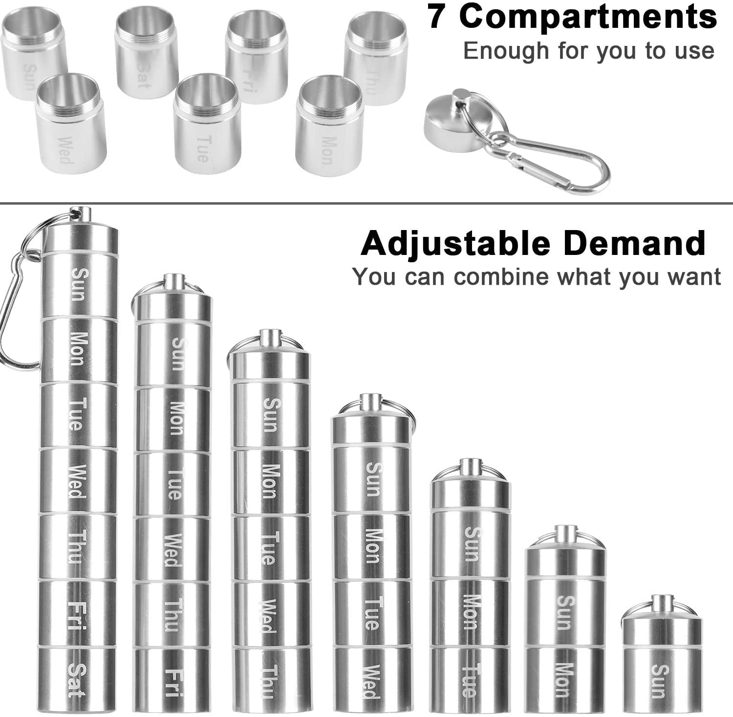 7 Days Pill Case, Portable Pill Box, 7 Compartments Aluminum Alloy Weekly Pill Holder Waterproof Medicine Organizer Travel Pill Tube Pill Bottle Pill Container with Keychain and Carabiner
