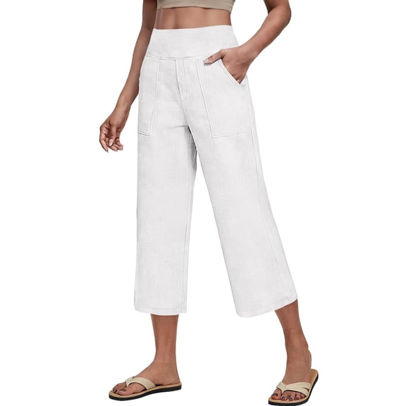 Nmnitkp Cotton Linen Capri Pants for Women High Waisted Relaxed Fit Elastic Capri Leggings Casua High Waist Tummy Control Cropped Lounge Trousers with Pockets
