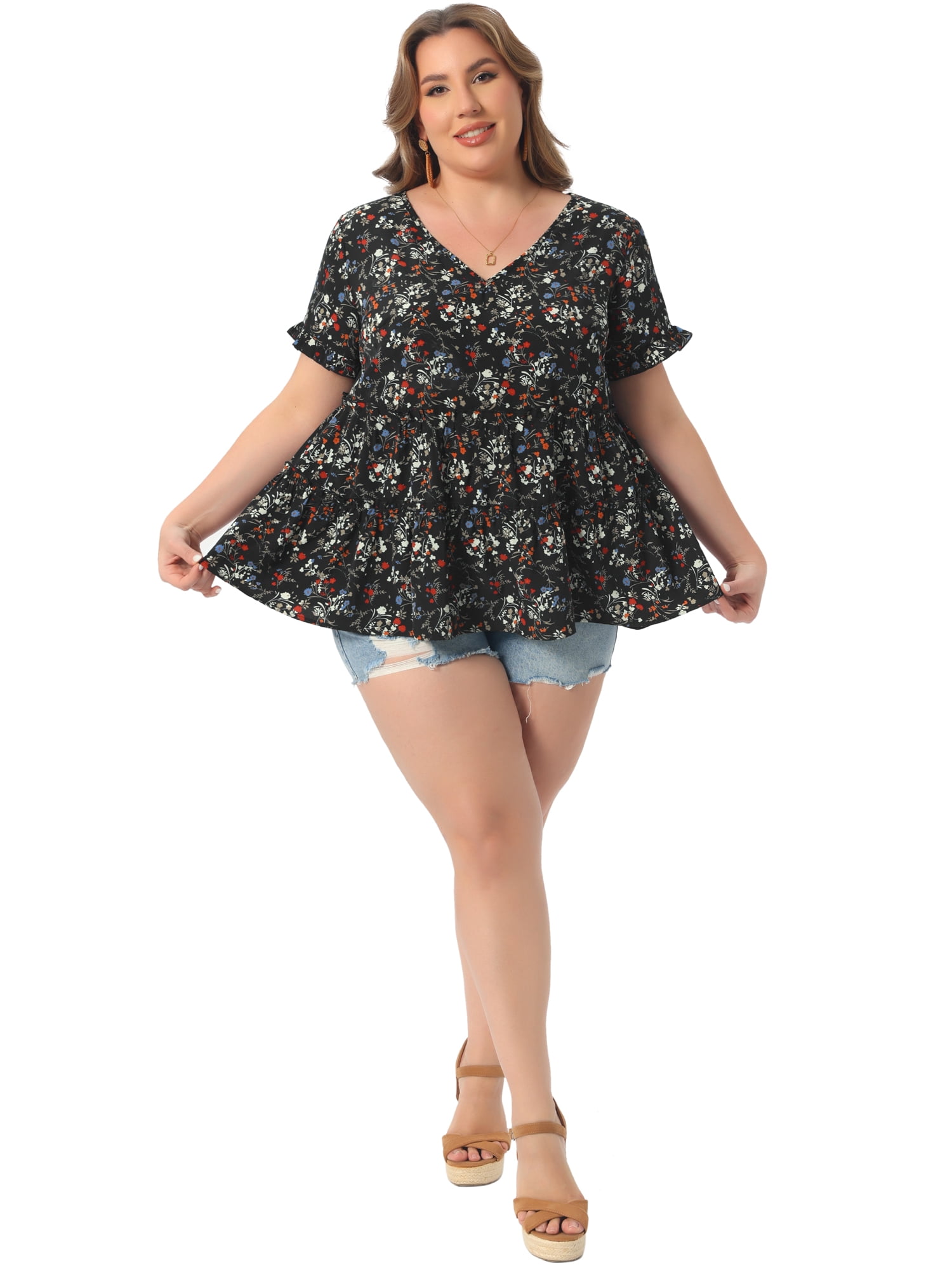 DARING DIVA Women's Plus Size V Neck Short Sleeve Floral Babydoll Blouse 4X Black White