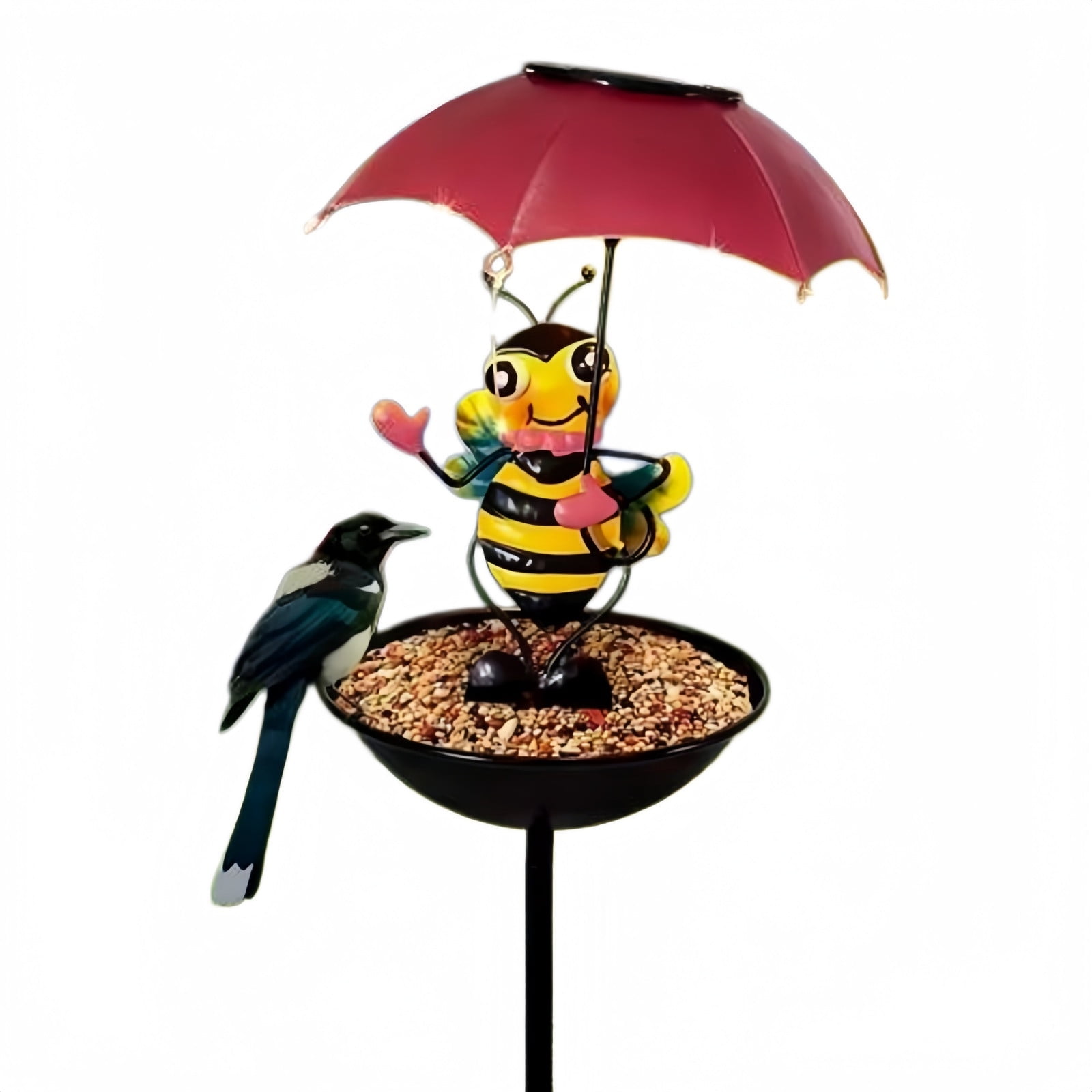 Wild Bird Feeder with Stake Bee Shaped Decorative Bird Feeding Station with Umbrella Metal Standing Bird Food Bowl Cute Garden Art Sculpture for Yard Patio Lawn Backyard Garden Outdoor
