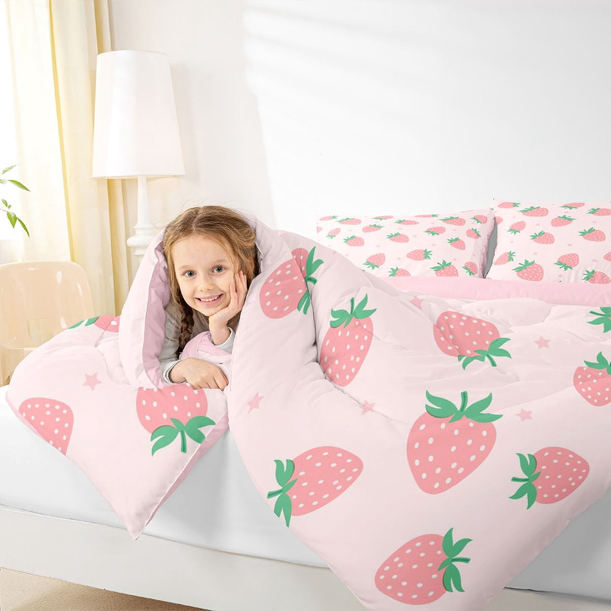 Feelyou Girly Pink Strawberry Bedding Comforter Set, Kawaii Stars Print Twin Comforter Sets, Teens Kids Girls Women Reversible Bedding Set, Super Cozy Room Decor, 2pcs