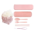 thumbnail image 4 of Juego de tubo de pasta de dientes, bola de baño, cuchara, tenedor y palillos para aventuras de campamento: organizador de cubiertos de viaje compacto de color rosa, 4 of 8