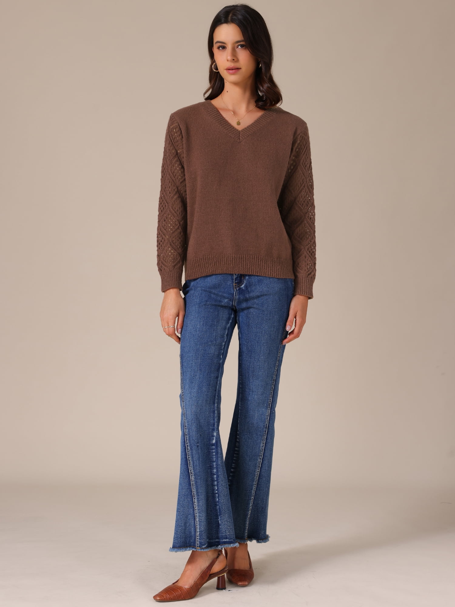 DARING DIVA Women's V Neck Hollow Out Long Sleeve Crochet Sweater Tops XL Brown
