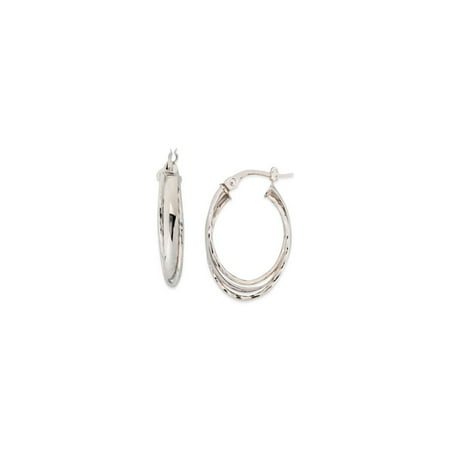Wedding Band Earrings - 10k White Gold Wedding Band Ring Overlap Oval Hoop Earrings Sparkle-Cut Edges
