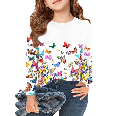 Abcomgle Kids Long Sleeve Shirt Girls 7-8 Crewneck Winter T-Shirts for Girls Casual Basic Top for Girls Loose Butterfly Graphic Blouses for Girls 4-5 Years White