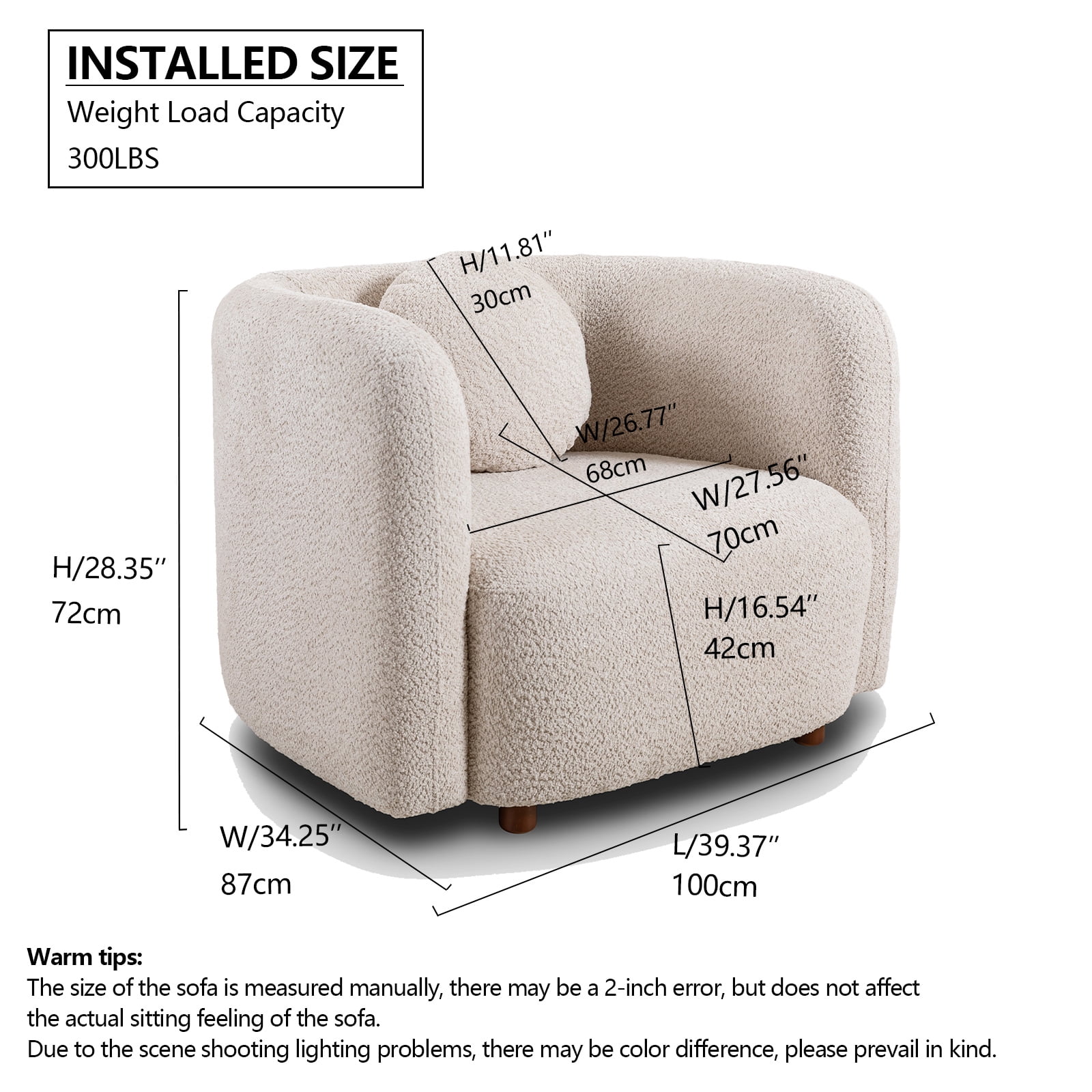 MAYEERTYAccent Square Sofa Chair, Boucle Fabric Upholstered Single Cloud Couch Chair, Japandi Style Armchair for Living Room, 1 Seater Sofa